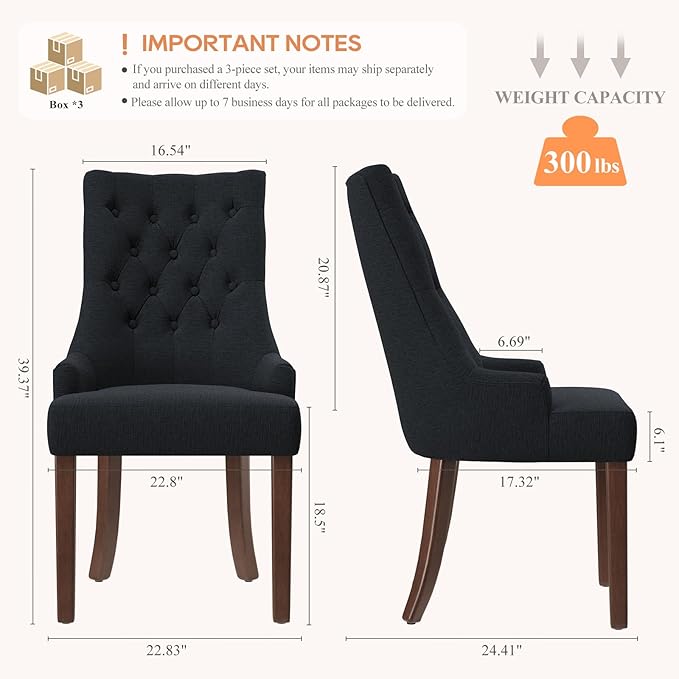 COLAMY Fabric Side Dining Chairs Set of 6, Wingback Upholstered Dining Room Chairs with Tufted Button, Living Room Chairs for Home Kitchen, Black