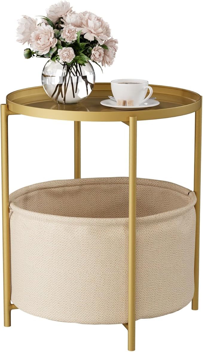 2 Tier Modern Side Table, Round End Table Living Room with Fabric Basket, Small Metal Bedside Nightstand with Removable Tray for Living Room, Bedroom, Office, Gold