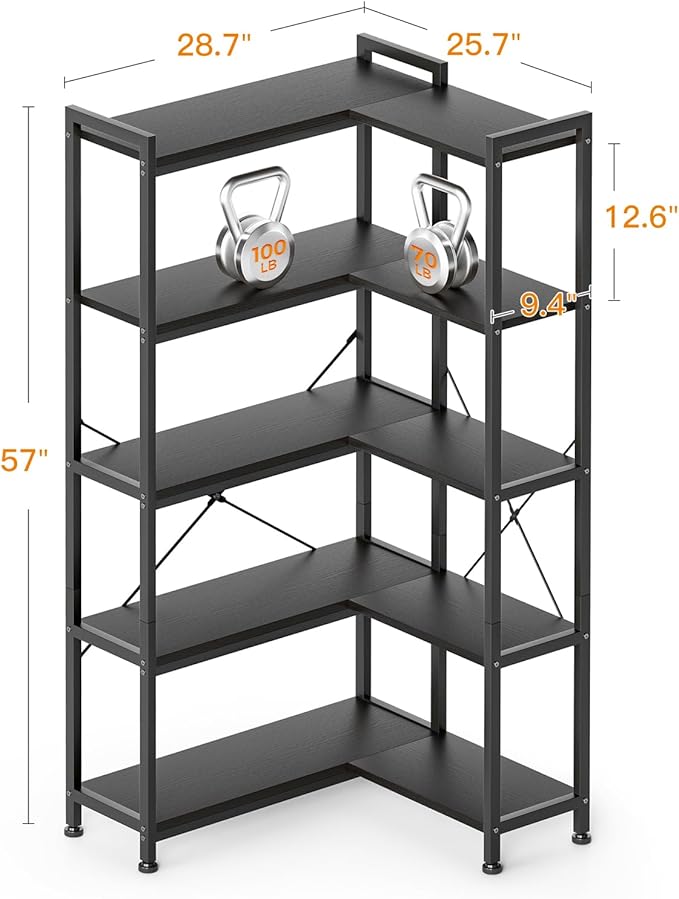 Casaottima Corner Bookshelf 5 Tier, 57 Inches Reversible Book Shelf for Living Room, Industrial Wooden Bookcase with Open Shelves and Metal Frame for Bedroom, Home Office, Kitchen, Black