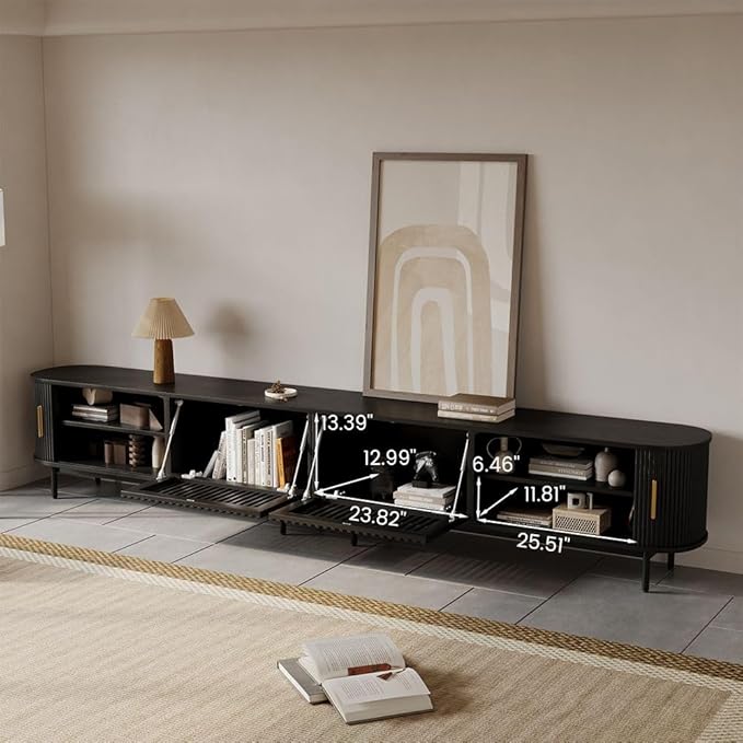 POVISON Sliding Tambour Door TV Stand with LED Lights, Mid Century Modern TV Console, Wood Media Console, Entertainment Center with Storage Cabinet, Fully-Assembled (Black, 118.11")