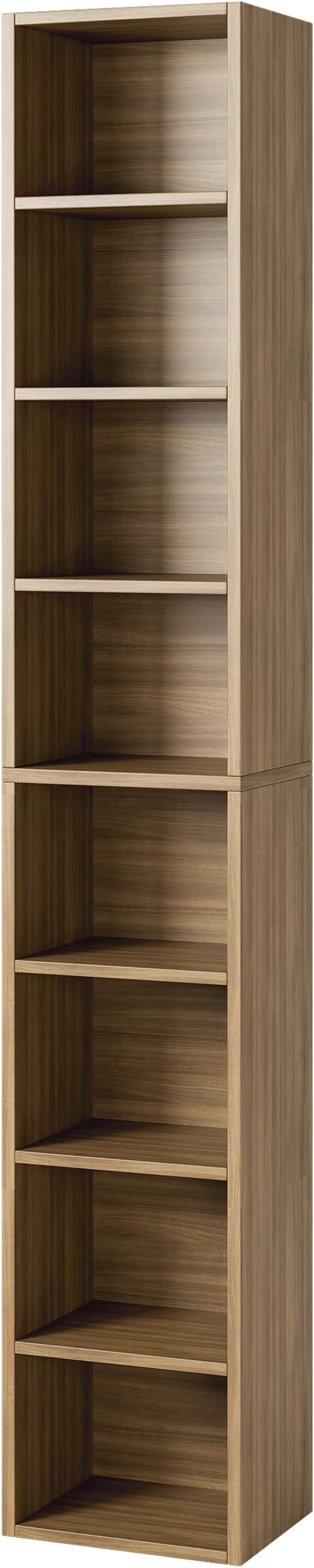 Bamjoy 71 Inches Tall Narrow Bookshelf, 8-Tier Slim CD DVD Media Shelf, Corner Bookcase with Adjustable Shelves, Cube Skinny Bookshelf for Home Office Small Space, Light Walnut