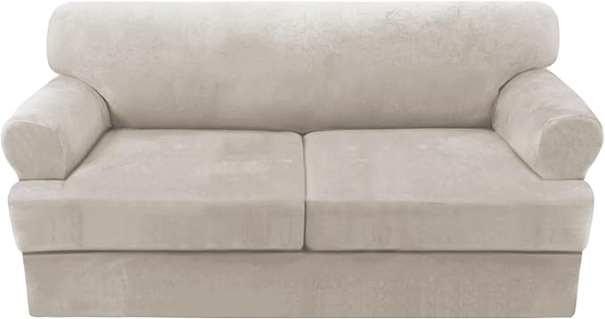 H.VERSAILTEX Sofa Cover 3 Piece T Cushion Loveseat Slipcovers Thick Velvet Couch Cover Stretch T Cushion Sofa Covers for 2 Cushion Couch with 2 Individual T Cushion Covers, French Oak