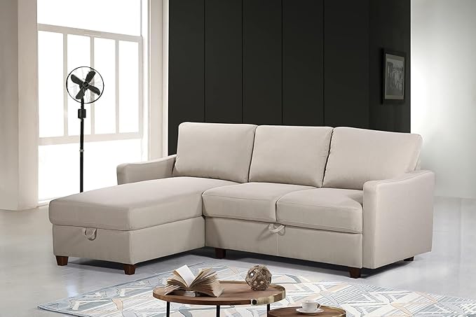 Container Furniture Direct Sectional Sofa with Storage – Modern Upholstered Living Room Couch, Reversible Chaise for Home, Apartment, Office, 81.9” L, Beige