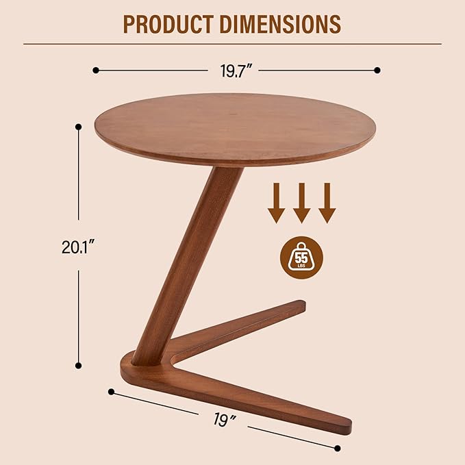 CozyDH Round End Table, Solid Wood C Shape Round Side Table, Walnut Coffee Bedside Table, Small Nightstand for Bedroom Living Room Office