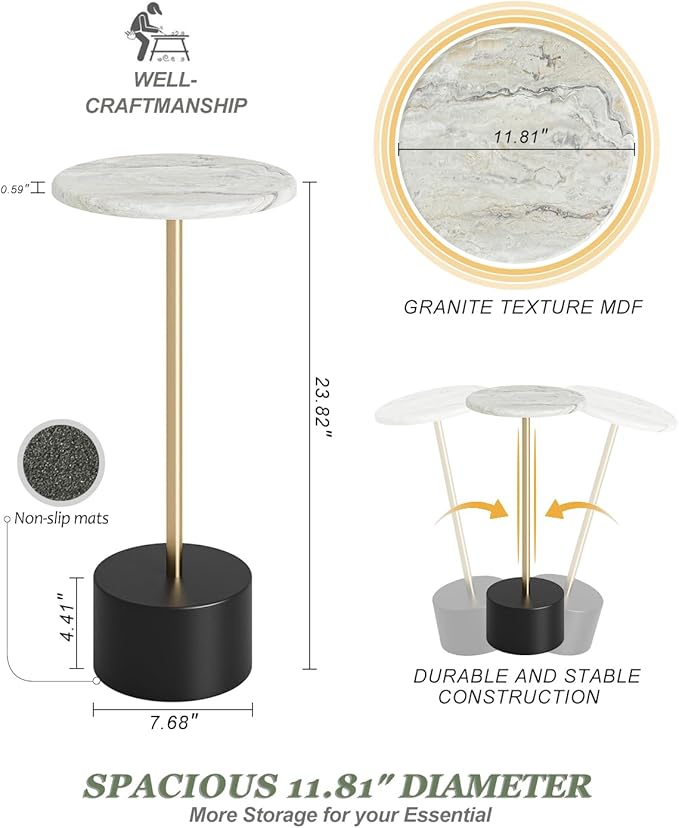 Drink Table Pedestal, Round Side Table, Drink Tables for Small Spaces, Pedestal End Table, Small Pedestal Table (Black Gold)