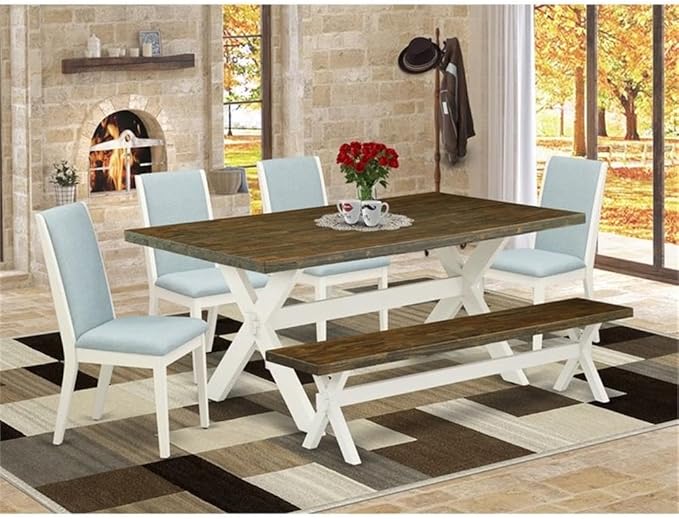 East West Furniture X077LA015-6 6 Piece Dining Set Contains a Rectangle Dining Room Table with X-Legs and 4 Baby Blue Linen Fabric Parson Chairs with a Bench, 40x72 Inch, Multi-Color