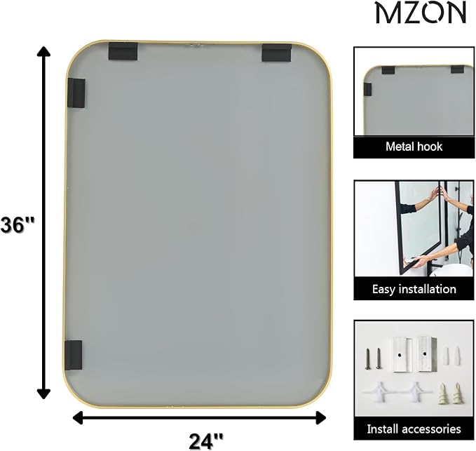 MZON 24x36 Inch Gold Bathroom Mirror – Brushed Gold Rectangular Vanity Mirror, Wall-Mounted, Anti-Rust Metal Frame, Tempered Glass, Vertical & Horizontal Hanging