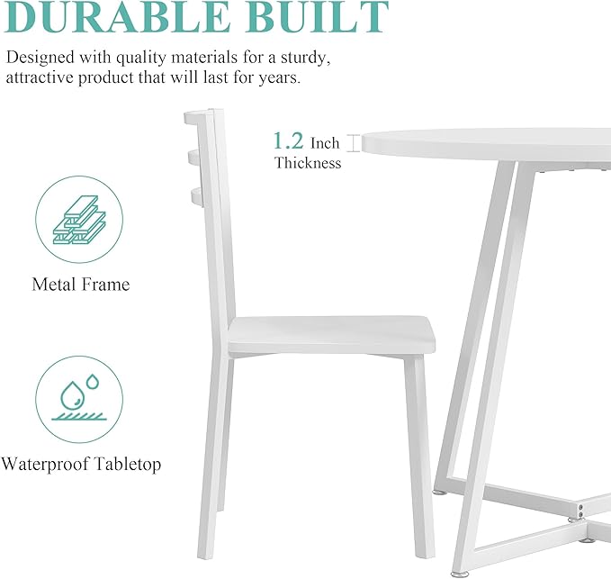 VECELO Small Round Dining Table Set for 2, Wood Tabletop with Strong Metal Frame, Modern Dinette with Chairs for Kitchen, Breakfast Nook Living Room, Pure White