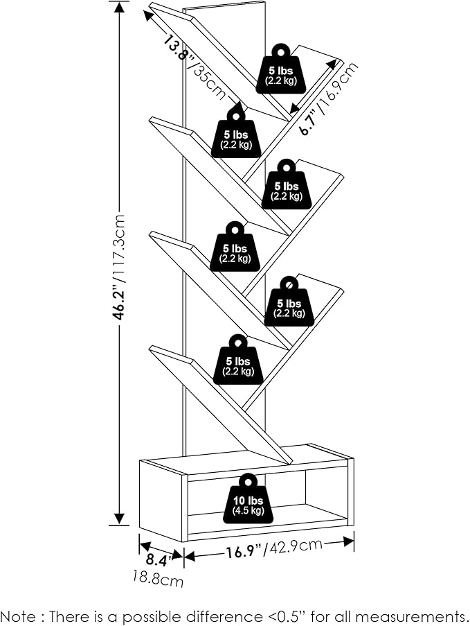 Furinno Tree Bookshelf 7-Tier Floor Standing Tree Bookcase with Bin Drawer, White/Black