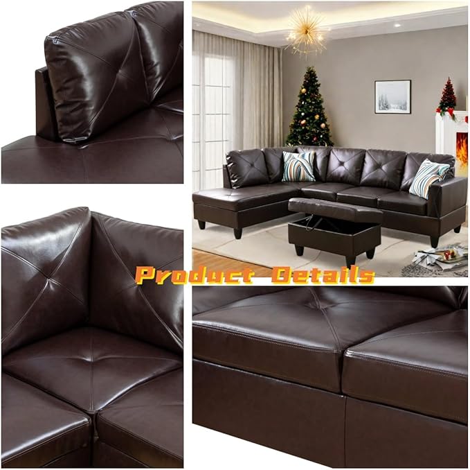 L Shaped Sectional Couch with Otttoman, 97" Leather Sectional Sofa for Living Room Modular Couches with Cup Holders for Bedroom, Apartments, Brown