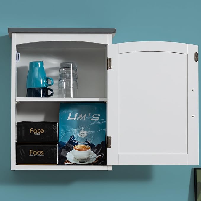 Bathroom Wall Cabinet 15 x 20 Inch Small Wall Cabinets Single Door Over Toilet Medicine Cabinet for Small Bathrooms - Matte White Finish with Gray Top, Soft Close Hinges
