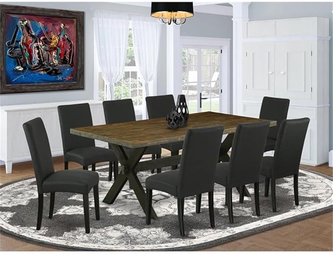 East West Furniture X677DR124-9 9 Piece Dining Room Table Set Includes a Rectangle Kitchen Table with X-Legs and 8 Black Color Linen Fabric Parson Dining Chairs, 40x72 Inch, Multi-Color