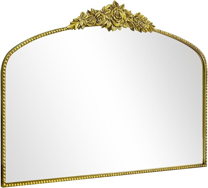 Antique Gold Arch Wall Mirror, 48"x30" Traditional Vintage Mantel Mirror with Ornate Metal Frame, Baroque Victorian Mirror for Fireplace/Entryway/Bathroom/Living Room/Dining Room
