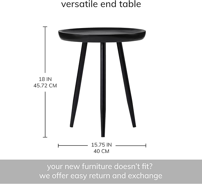 MH London Lydia Round Small End Table & Side Table Solid Wood, Black top with Black Metal Legs, Nightstand, 15.75"x15.75"x18"