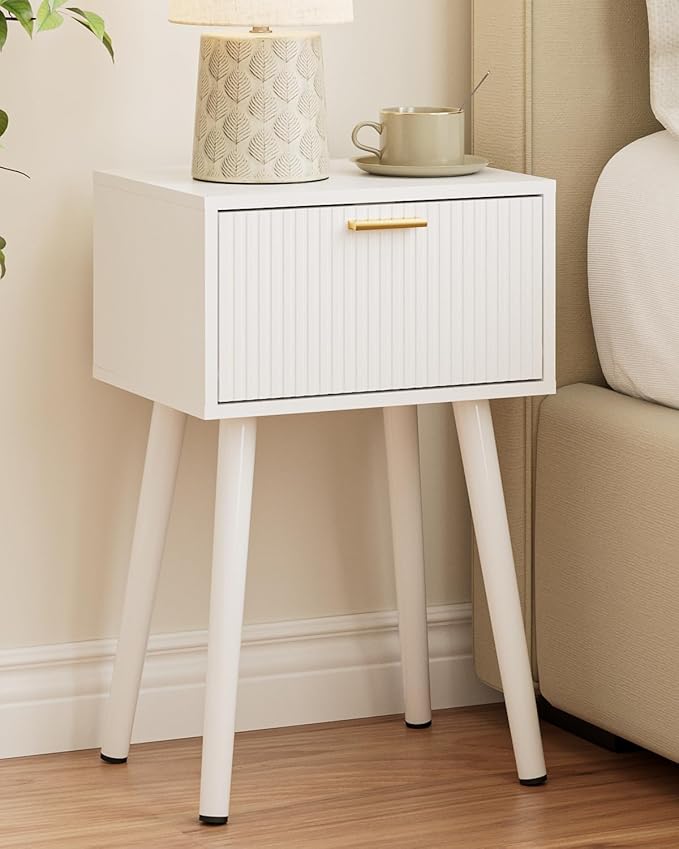 Night Stand, White Nightstand with Fluted Door, Small Modern Mid-Century Bedside Table for Bedroom, End Table for Living Room