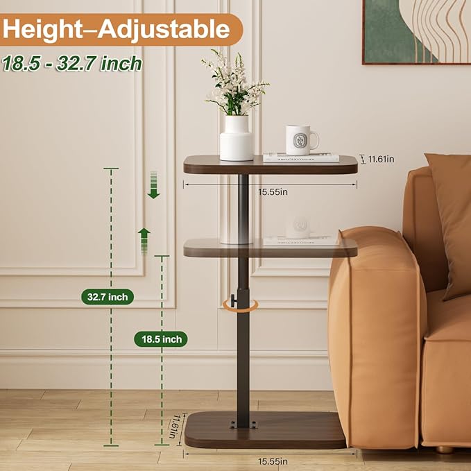 Adjustable Side Table TV Tray, C Shaped End Table, Small Bedside Table, Mid Century Modern Accent Nightstand for Living Room, Bedroom, Corners and Office (Walnut)