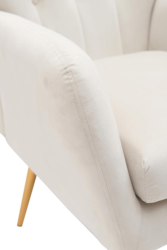 Container Furniture Direct Modern Chic Mid-Century Velvet Accent Armchair for Living Room, Bedroom, or Home Office, Button-Tufted Wingback Design with Gold Flared Legs, Ivory