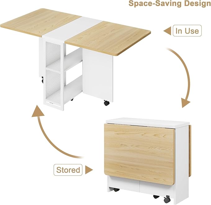 GarveeHome Folding Dining Table, Space Saving Farmhouse Dining Table for 4 Storage Shelf, 6 Wheels Multipose Expandable Kitchen Drop Leaf Table for Small Space (Pear Wood, 50.1"D x 31.4"W x 29.5"H)