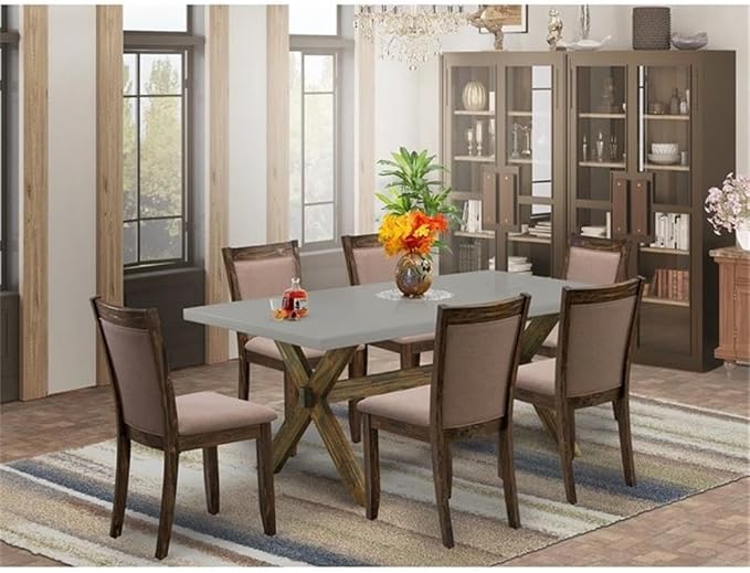 East West Furniture X797MZ748-7 7 Piece Dining Room Furniture Set Consist of a Rectangle Dining Table with X-Legs and 6 Coffee Linen Fabric Upholstered Chairs, 40x72 Inch, Multi-Color