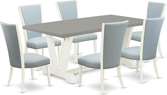 East West Furniture V097VE215-7 7 Piece Dining Table Set Consist of a Rectangle Dining Room Table with V-Legs and 6 Baby Blue Linen Fabric Upholstered Chairs, 40x72 Inch, Multi-Color