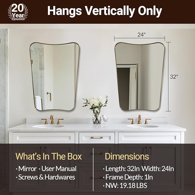 ANDY STAR 24x32 Inch Gold Mirror, Bathroom Vanity Mirror, Antique Brass Butterfly Mirror, Irregular Wall Mirror with Unique Curved Design Ideal for Home Remodel, Anti-Rust 1” Frame