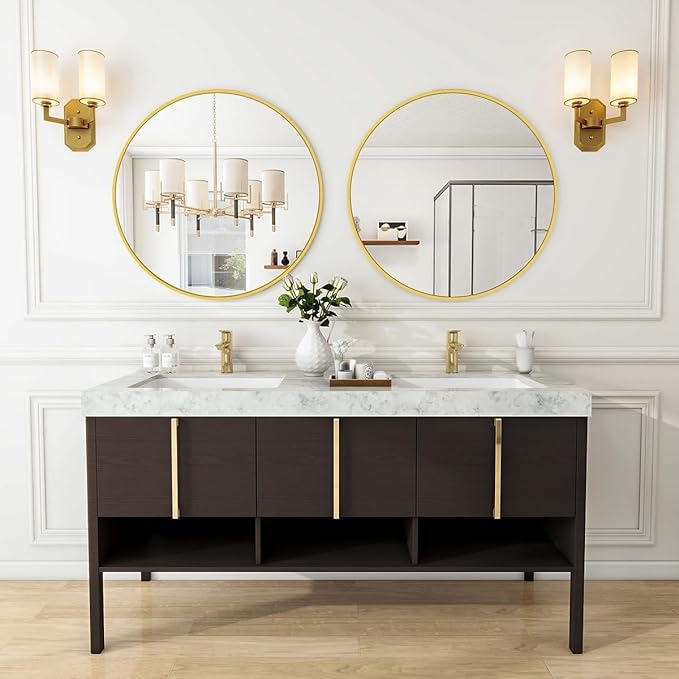 Gold Round Bathroom Mirror, 24 inch Circle Wall Mounted Hanging Mirror with Simple Modern Circular Metal Frame for Hallway, Entryway, Living Room, Gold Frame