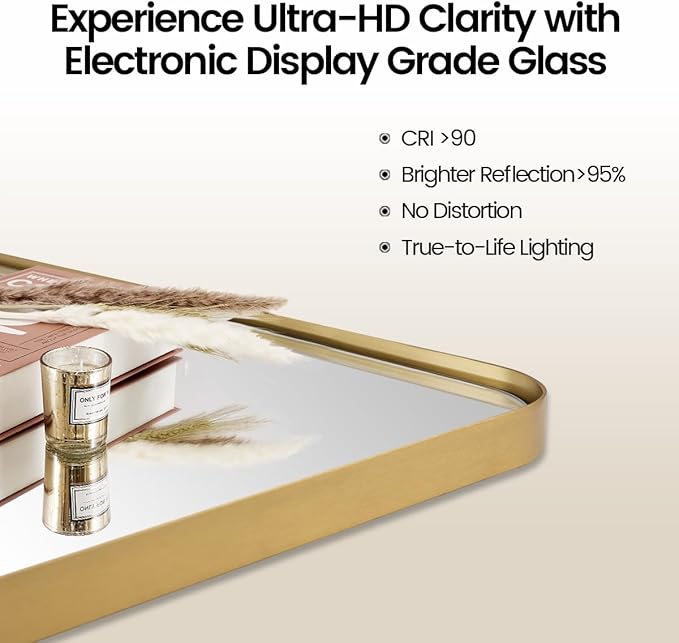MOON MIRROR 36" x 24" Brushed Gold Rectangle Bathroom Mirror, Tilting Rounded Rectangular Metal Framed Pivot Wall Mirror, Hangs Horizontally Only(Overall 39.75" x 22")