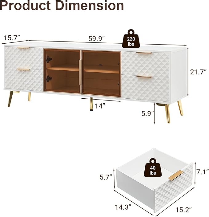 Rovibek 59" Modern TV Stand, Entertainment Center TV Console with Storage Drawers and Open Shelves, Media Console for Living Rooms and Bedrooms