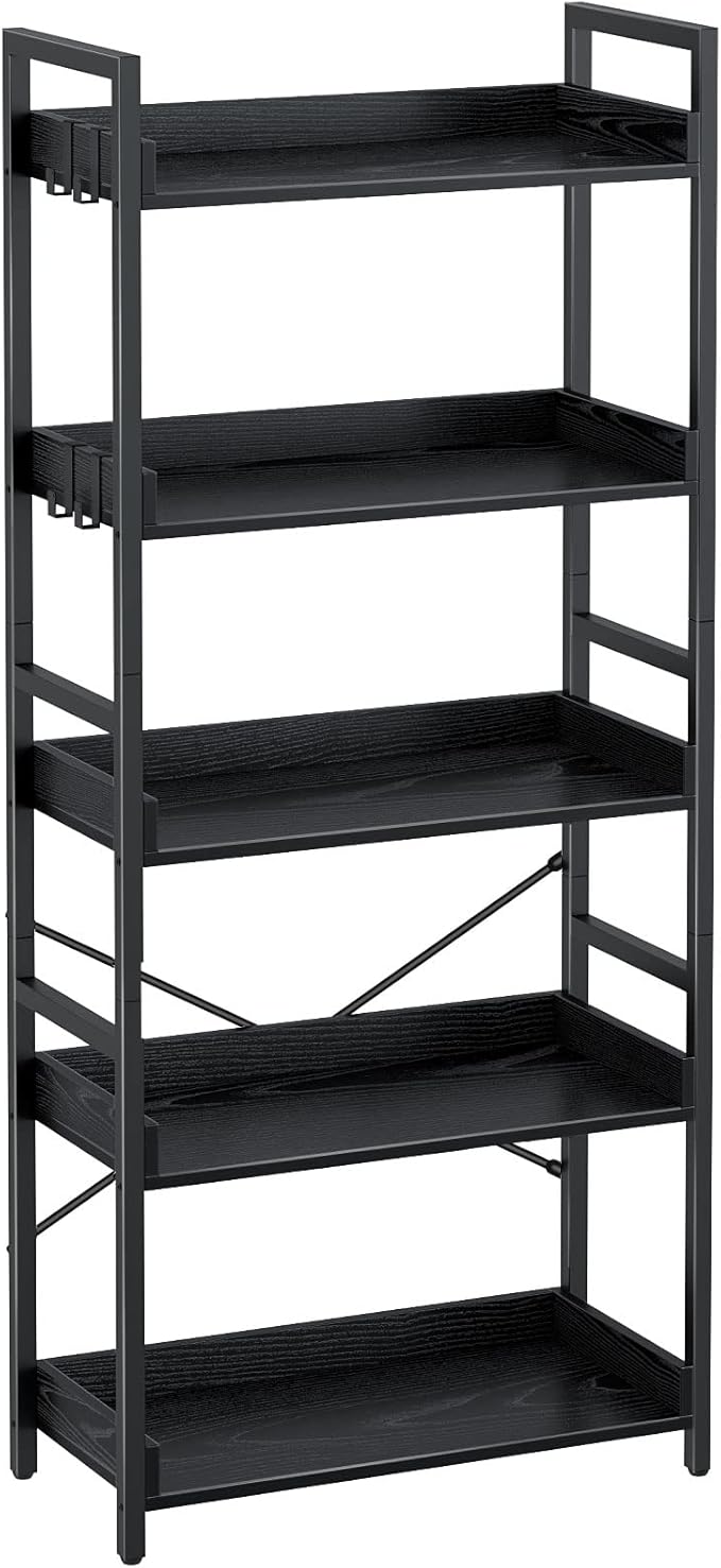 Rolanstar Bookshelf 5 Tier with 4 Hooks, Industrial Wood Bookcase, Vintage Storage Rack with Open Shelves, Rustic Standing Bookshelves Metal Frame Display Rack for Living Room, Bedroom, Black