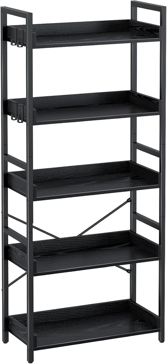 Rolanstar Bookshelf 5 Tier with 4 Hooks, Industrial Wood Bookcase, Vintage Storage Rack with Open Shelves, Rustic Standing Bookshelves Metal Frame Display Rack for Living Room, Bedroom, Black