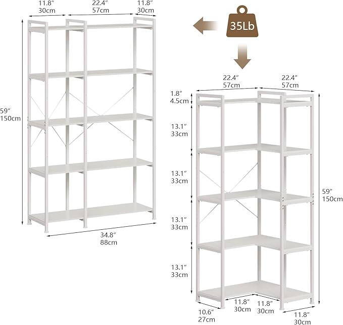 Tohomeor Bookshelf 5 Tier Deformable Corner Bookcase Free Standing Modern Industrial Book Storage Display Book Shelf for Bedroom Living Room Study Room Office (White)