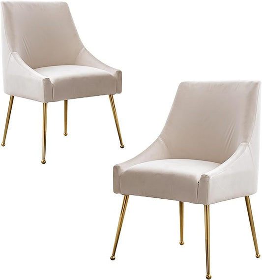 Modern Velvet Dining Chairs Set of 2, Contemporary Upholstered Furniture Collection with Polished Gold Metal Legs, Elegant Accent Chairs for Kitchen Living Room(White)