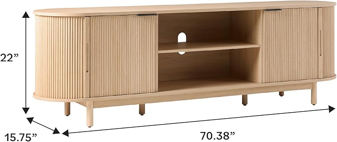 Walker Edison Modern Curved Reeded TV Stand for TVs up to 70 Inches, Credenza with Sliding Doors and Adjustable Shelves, TV Stand with Cord Management Cutout, 70 Inch, Coastal Oak