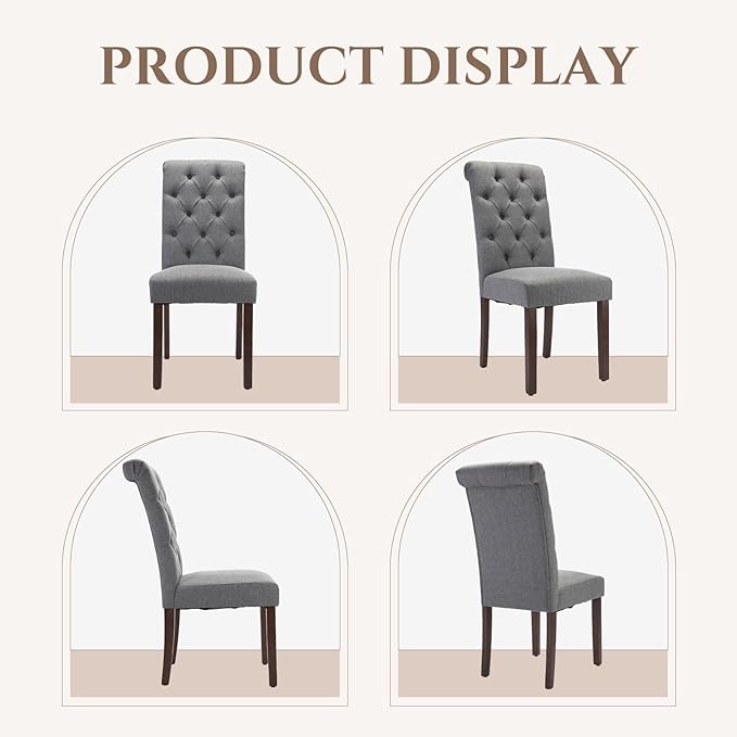 COLAMY Tufted Dining Chairs Set of 6, Parsons Dining Room Chairs Upholstered Fabric Diner Chair Stylish Kitchen Chairs with Solid Wood Legs and Padded Seat - Grey