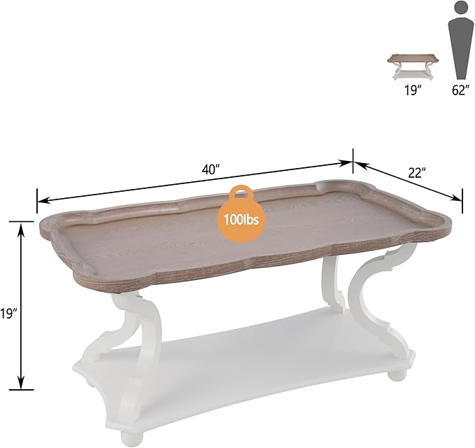 Function Home Farmhouse Coffee Table, Rustic White Cocktail Table with Storage Shelf, Sofa Table with Natural Tray Top and Carved Legs for Living Room Furniture Dining Room, Vintage White