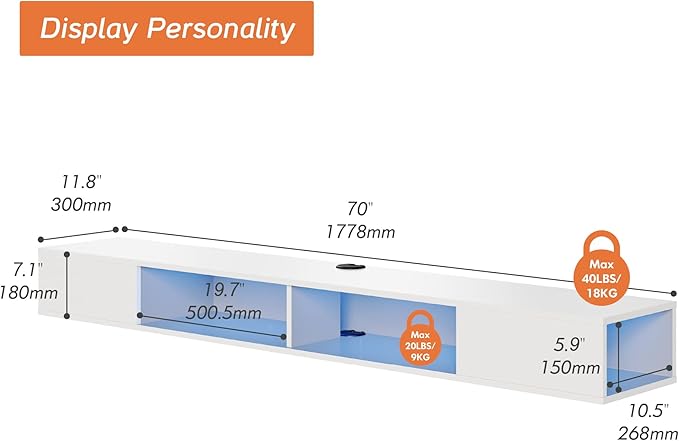 WAMPAT 70 inch Floating TV Stand, Entertainment Center Media Console, Wall Mounted Shelf Media Console Cabinet for Storage for 65/70/75 Inch TVs, White