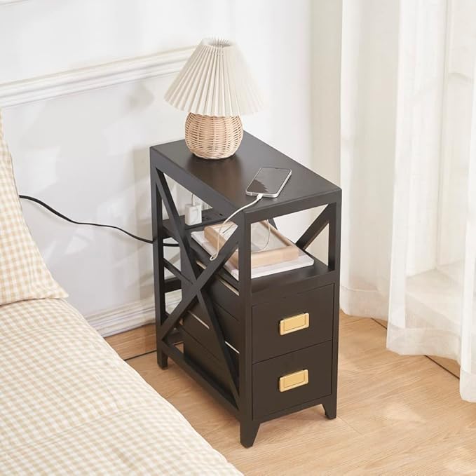Fully Assembled Narrow Side Table with Charging Station, No Assembly Narrow Nightstand with USB Ports, Pre Assembled Skinny End Table with Outlets for Living Room, Bedroom-Black