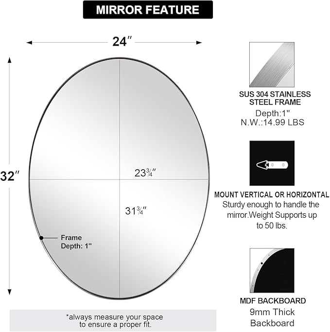 ANDY STAR Brushed Nickel Mirror Bathroom, 24x32 Inch Brushed Nickel Oval Mirror, Stainless Steel Metal Frame Oval Vanity Mirrors Hangs Horizontal or Vertical, Modern Style for Home