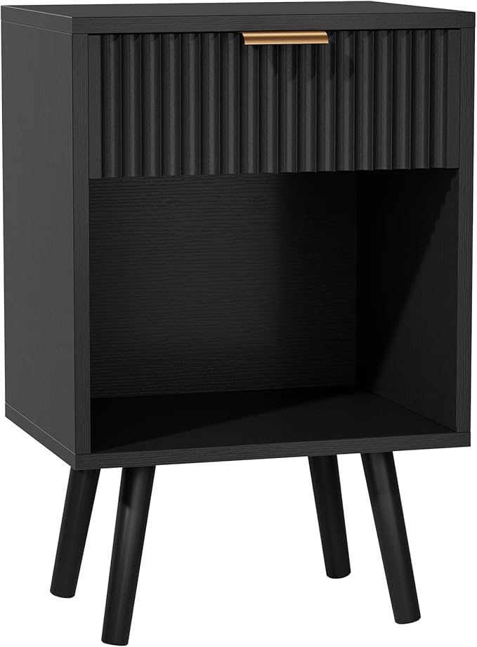 YMYNY Mid Century Modern Nightstand, Side Table, Fluted Night Stand with Drawer, Open Shelf Unit, Golden Handle, Solid Wood Legs, Bedside Table, for Bedroom, Black UHST013B