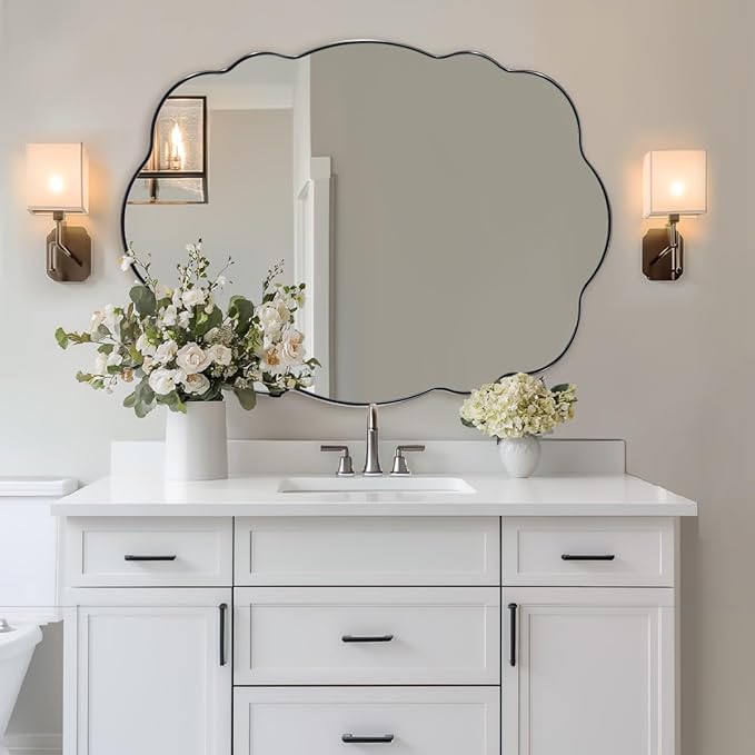 ANDY STAR Chrome Vintage Scalloped Mirror - 30x40 Inch Retro Bathroom Mirror, Unique Irregular Oval Wavy Mirror with Heavy Duty Metal Frame