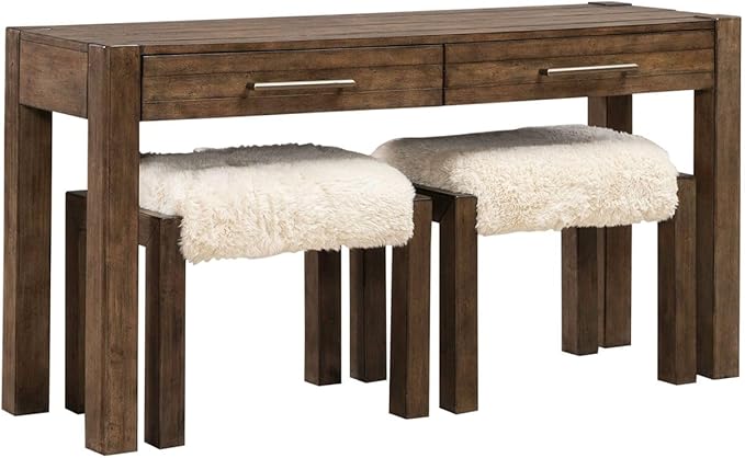 Liberty Furniture Broadmore Living Room Alt 3 Piece Set - Console Bar Table, 2 Upholstered Ottoman Stools - Cobblestone Brown