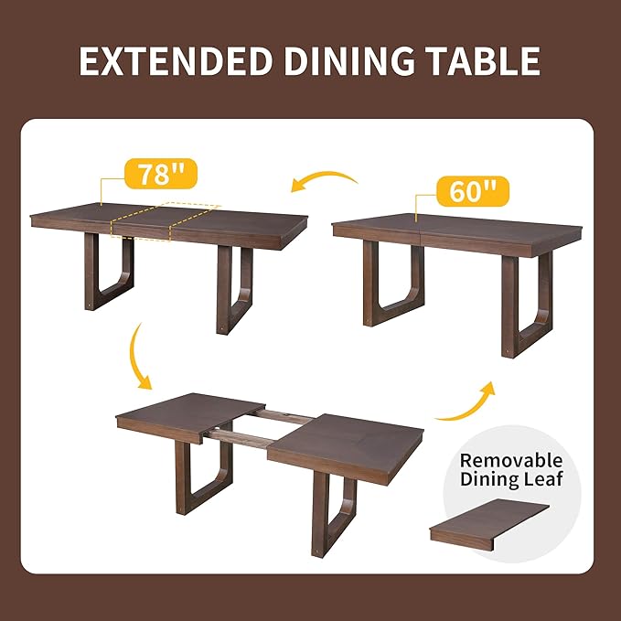Merax 7 Piece Extendable Wooden Dining Table Set, Farmhouse Extendable with 18" Move Leaf, 78" Rustic and 6 Upholstered Chairs for Kitchen Room, Brown