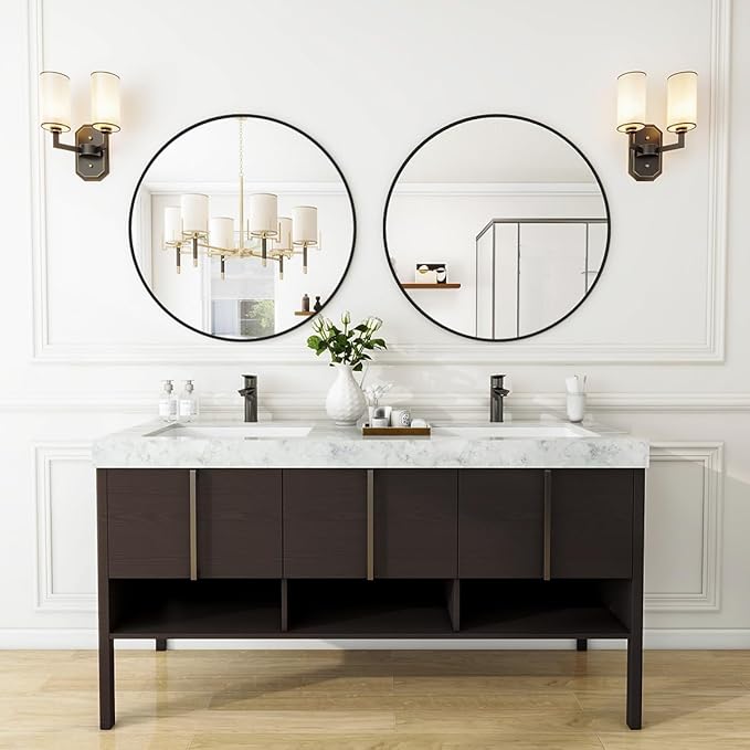 Black Round Bathroom Mirror, 24 inch Circle Wall Mounted Hanging Mirror with Simple Modern Circular Metal Frame for Hallway, Entryway, Living Room, Black Frame