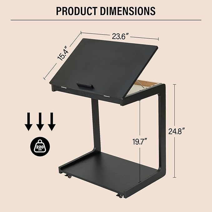 CozyDH Adjustable C Shaped End Table, Rolling Side Table Solid Wood TV Sofa Tray Table for Couch Arm Eating Multi-Purpose, Small Coffee Table with Wheels Living Room Bedroom, Black