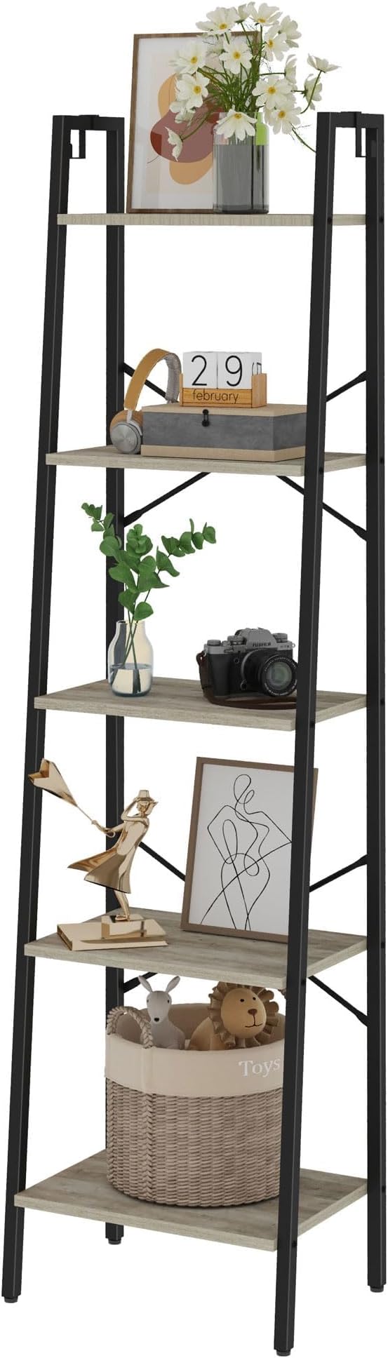 Ladder Shelf, Bookshelf Bookcase, Freestanding Corner Storage Shelve with 2 Hooks for Home Office, Living Room, Kitchen, Bedroom, Industrial, 5-Tier Greige BC19205B