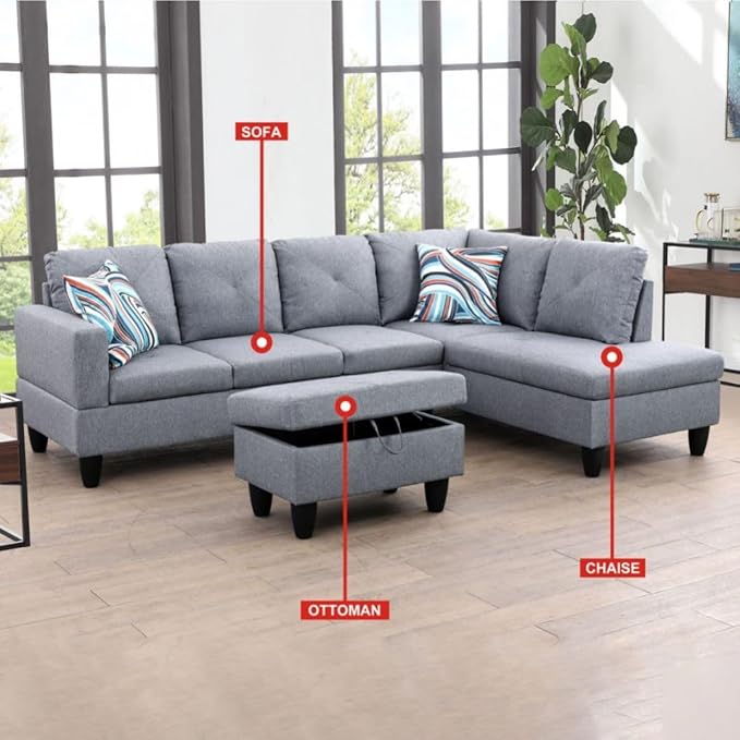 Grey L-Shaped 3-Piece Linen Sofa with Storage Ottoman Set, Sectional Couch Sofa Set for Living Room, Office, Small Space