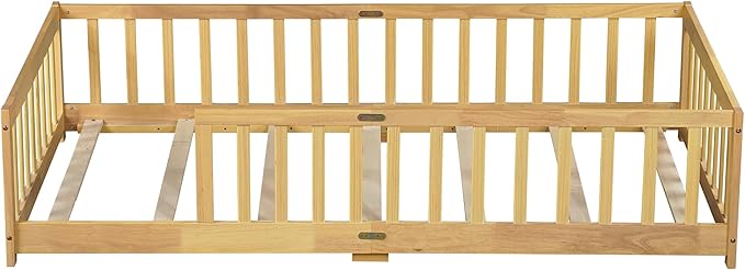 Bellemave Twin Floor Bed with Slats and Safety Guardrails, Kids Montessori Floor Beds with Fence and Without Door, Easy Assemble Floor Bed for Kids, Girls, Boys, Natural