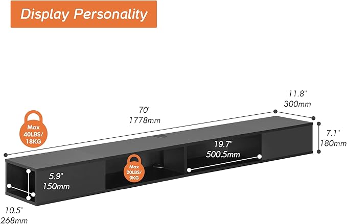 WAMPAT 70 inch Black Floating TV Stand, Entertainement Center Wall Mount for 75 inch TV, Media Console for Under TV with Storage for Living Room