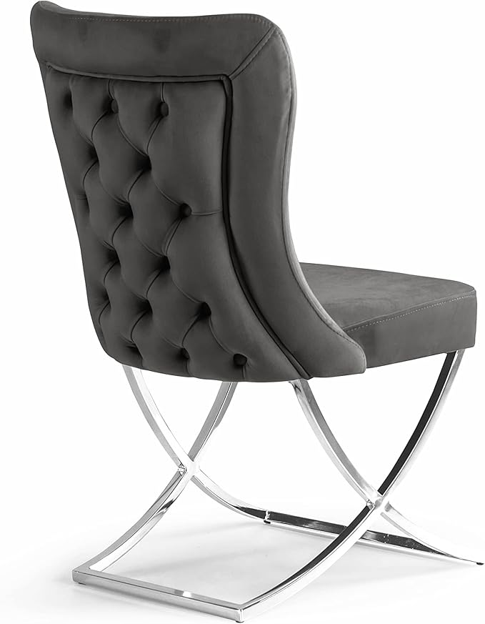 Ottomanson Royal Dining Chairs Set of 8 – Upholstered Tufted Microfiber, Assembled, Silver Metal Legs, Beech Wood Frame, 350 lb Capacity, Gray