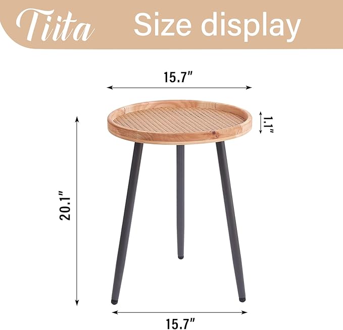 Tiita Rattan Round End Table Mental Side Table Nightstand/Small Wood Tables Accent Coffee Table with Wooden Tray for Living Room Bedroom Office Small Space